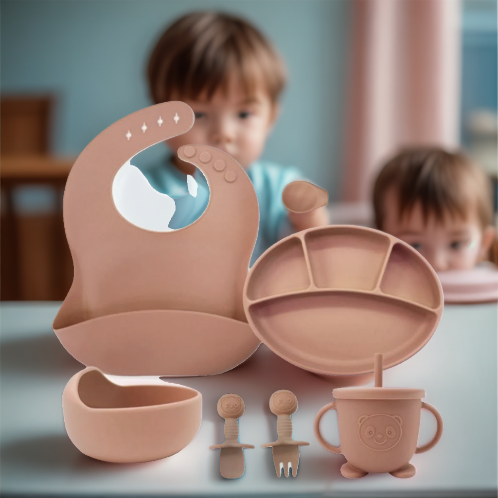 Baby 10-piece BPA-free dinnerware set with silicone whale plate, non-slip bowl, bib, leather spoon, feeding plate, and versatile 2-in-1 cup for safe, practical mealtimes.
