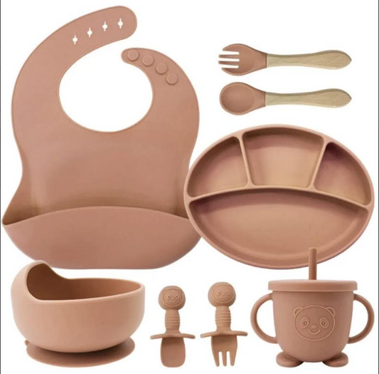 Baby 10-piece BPA-free dinnerware set with silicone whale plate, non-slip bowl, bib, leather spoon, feeding plate, and versatile 2-in-1 cup for safe, practical mealtimes.