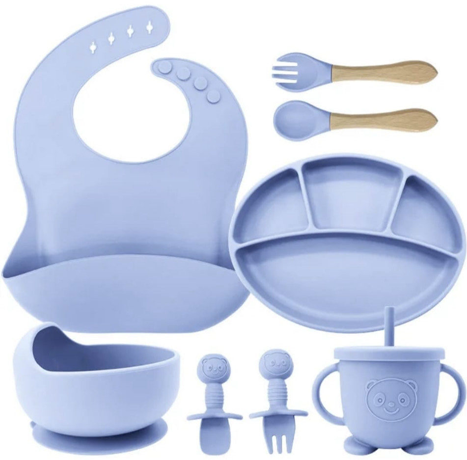 Baby 10-piece BPA-free dinnerware set with silicone whale plate, non-slip bowl, bib, leather spoon, feeding plate, and versatile 2-in-1 cup for safe, practical mealtimes.